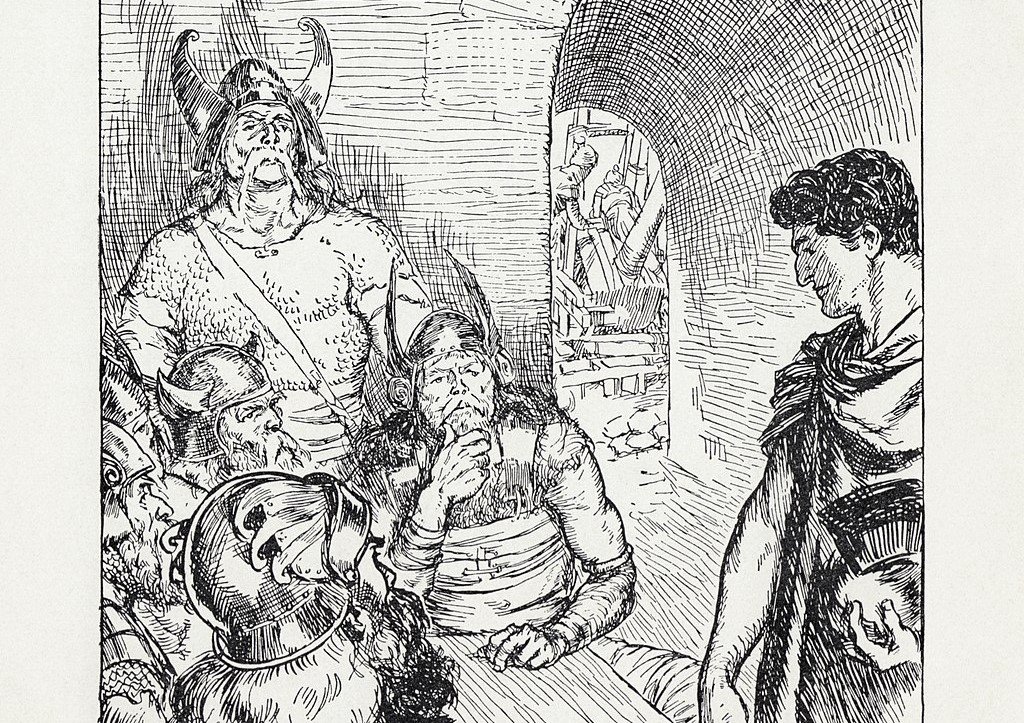 Four men in horned helmets sitting around a table, looking intently at a fourth man with Roman features.