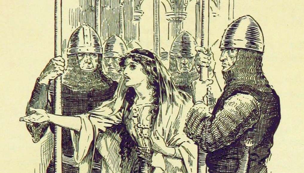 An illustration of a woman appealing to several guards in medieval armor, accompanying an article on TTRPG NPCs.