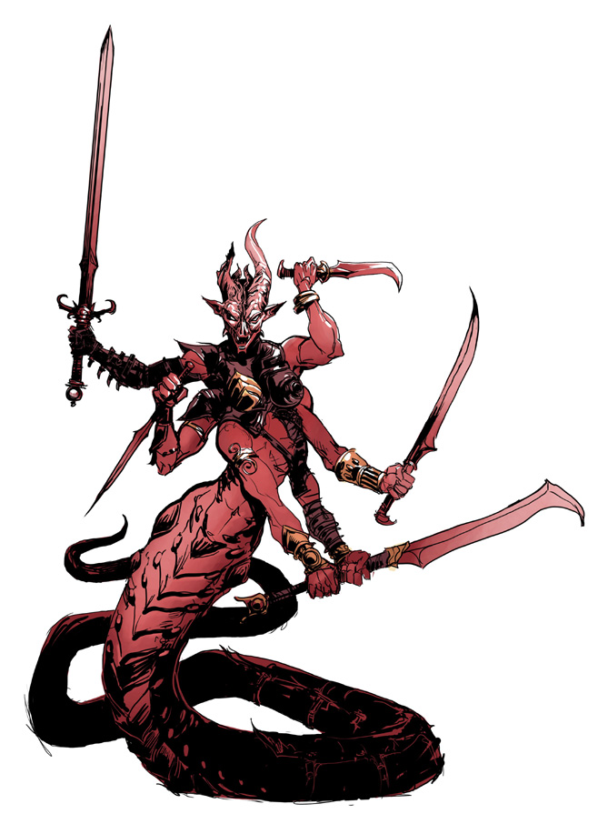 A marilith with red skin, six arms, and a demonic face with pointed ears and a horned head.
