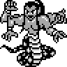 A black and white pixel art of a half-woman, half-snake demon with four arms.