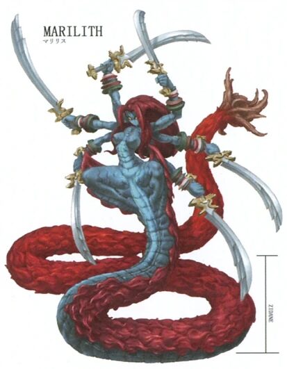 Concept art of Marilith from Final Fantasy 9. She has blue skin, six arms, red hair, and a blue and red snake tail. She wields six swords.