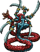 Pixel art of Maliris from Final Fantasy Record Keeper. She appears as a blue and red demon with six arms, blue skin, red hair, wielding six swords. She has a blue and red snake tail.