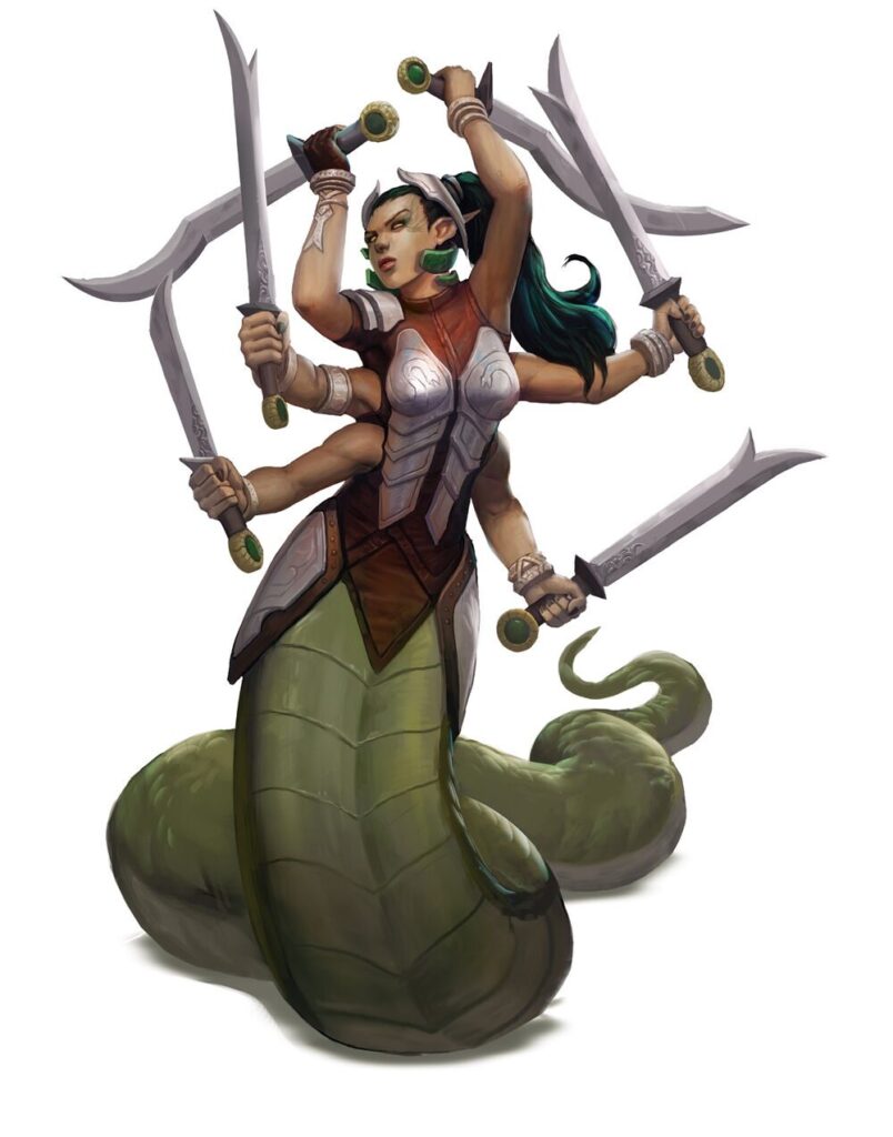 A marilith illustration from 5th edition Dungeons and Dragons. She wields a sword in each of her six arms, wears body armor, and has a green snake tail.