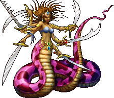Marilith from the PSP release of Final Fantasy 1. She appears as a six armed demon with wild hair, six words, and a purple snake's tail.