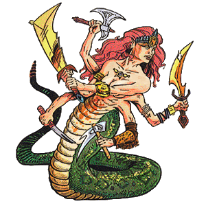 A marilith from the AD&D 2nd edition Monstrous Manual. She appears as a skin-armed demon with red hair and green snake tail. The style is somewhat more of a comicbook style than the other illustrations.