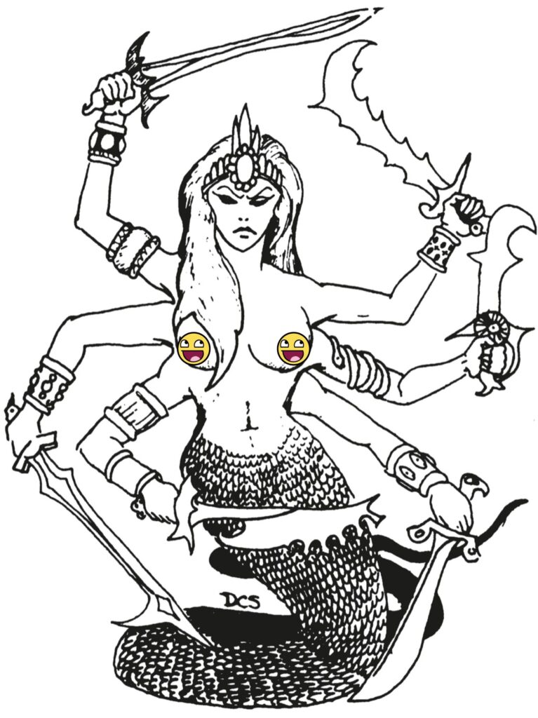 Artwork of a marilith from Eldritch Wizardry, published by TSR in 1976. The marilith appears as a bare-chested woman with six arms all wielding swords. The lower half of her body is a giant snake's tail.