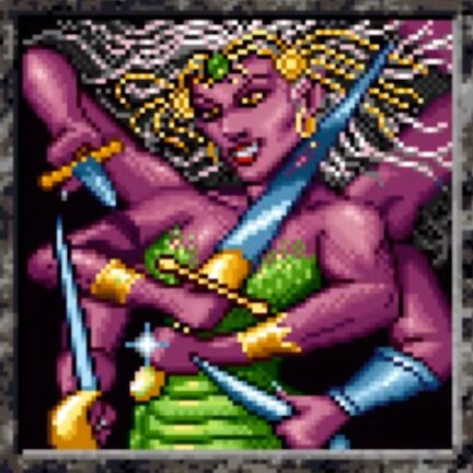 Pixel art of a marilith from Forgotten Realms: Unlimited Adventures. The marilith appears as a woman with reddish skin, six arms, wielding several bladed weapons. Her head is adorned with jewelry.