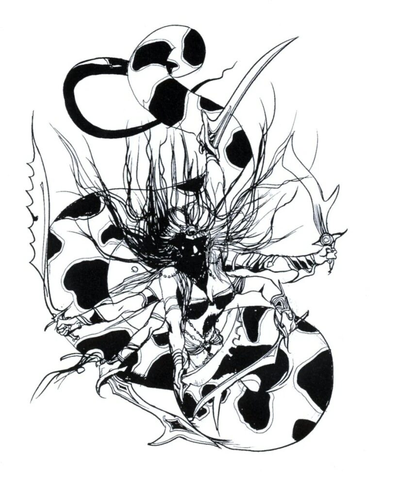 A black and white illustration of Marilith. Her face is in shadow and her wild hair flies around her. She has six arms each wielding swords and a snake tail.
