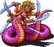 Marilith from FF1 Dawn of Souls. She appears as a six armed demon with wild yellow hair, six swords, and a pinkish purple snake tail.