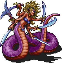 Marilith as she appears in FF1 Origins. She appears as a demon with six arms, yellow hair, and a purple snake tail. She wields six swords.