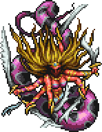 Marilith from FF1 Pixel Remaster. She appears as a six armed demon with wild yellow hair, six swords, and a purple and black tail.