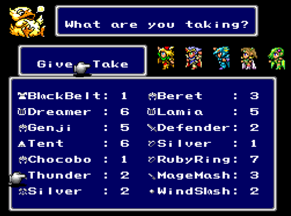 A screenshot from Final Fantasy IV Ultima showing the Big Chocobo's item storage screen. In the Final Fantasy IV romhack, you can access the Big Chocobo from the menu.