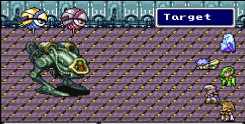 A screenshot from Final Fantasy IV Ultima showing the party fighting the new Warmech boss in the Giant of Babil. Fusoya is stopped, Cecil is dead, and Edge and Rosa are casting spells.