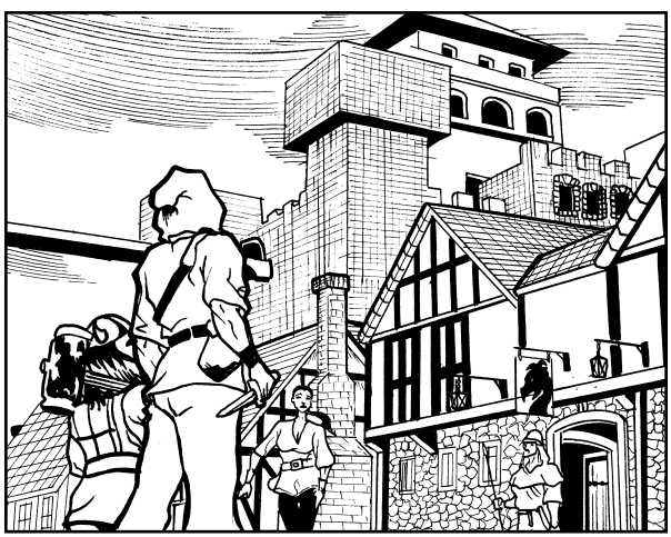 A black and white illustration. hooded adventurer and a dwarf with a hammer on their shoulder are viewed from behind. They stand on a medieval city street.