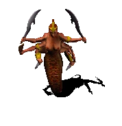 An animated gif of a marilith swinging her swords. She is a half-woman, half-snake with six arms, wearing a crown and wielding six weapons.