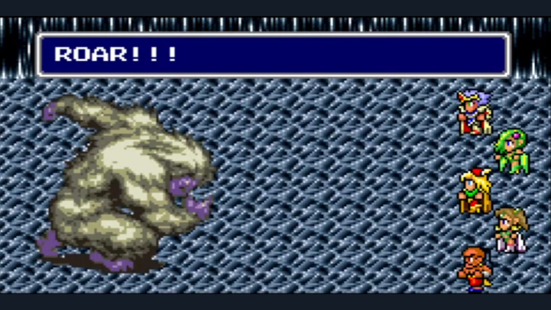 A screenshot from Final Fantasy IV Ultima. The party is fighting a Yeti in an icy area. The party consists of Cecil, Rydia, Edward, Rosa, and Yang.