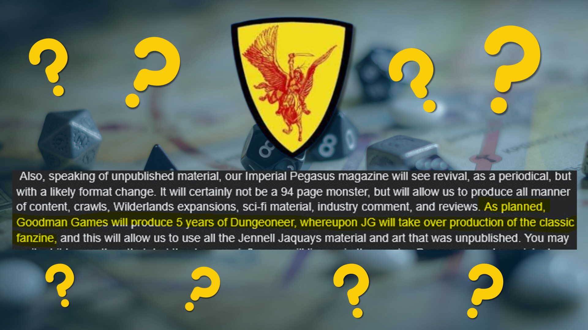 A photo of TTRPG dice on a table. Over the photo is a screenshot of a Facebook post where Judges Guild claims that Goodman Games plans to publish Dungeoneer magazine. The screenshot is surrounded by the Judges Guild logo and question marks.