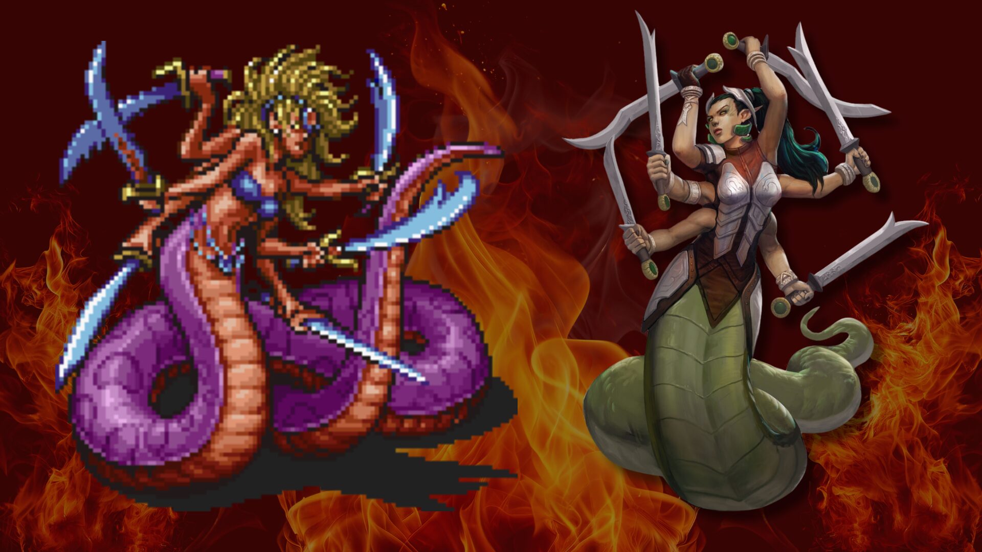 Depictions of the demon marilith from Final Fantasy and Dungeons and Dragons are set atop a fiery background.