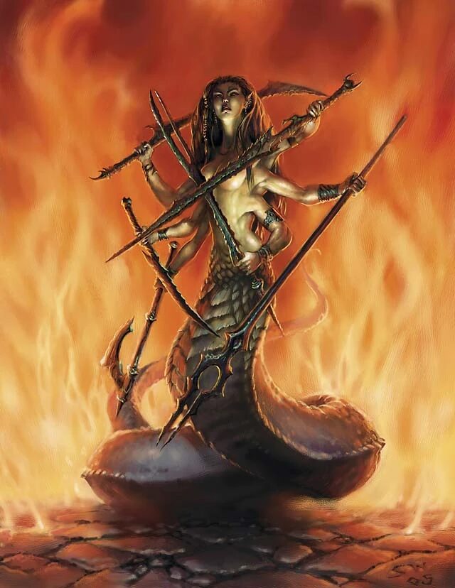 A marilith from 3rd edition Dungeons and Dragons. She has olive skin, a snake's tail, six arms, and wields a variety of swords, axes, daggers, and spears.