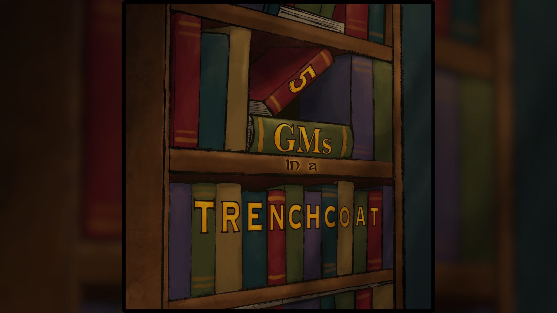 An illustration of a bookshelf with many books bound in different colors. The text 5 GMs in a Trenchcoat is written across the book spines. The image accompanies an review of the 5 GMs in a Trenchcoat actual play series.