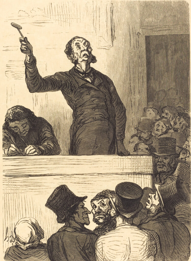 A print of a wood engraving of an auctioneer conducting an auction. He stands on a raised platform, a clerk is next to him taking notes, and a crowd is milling below.