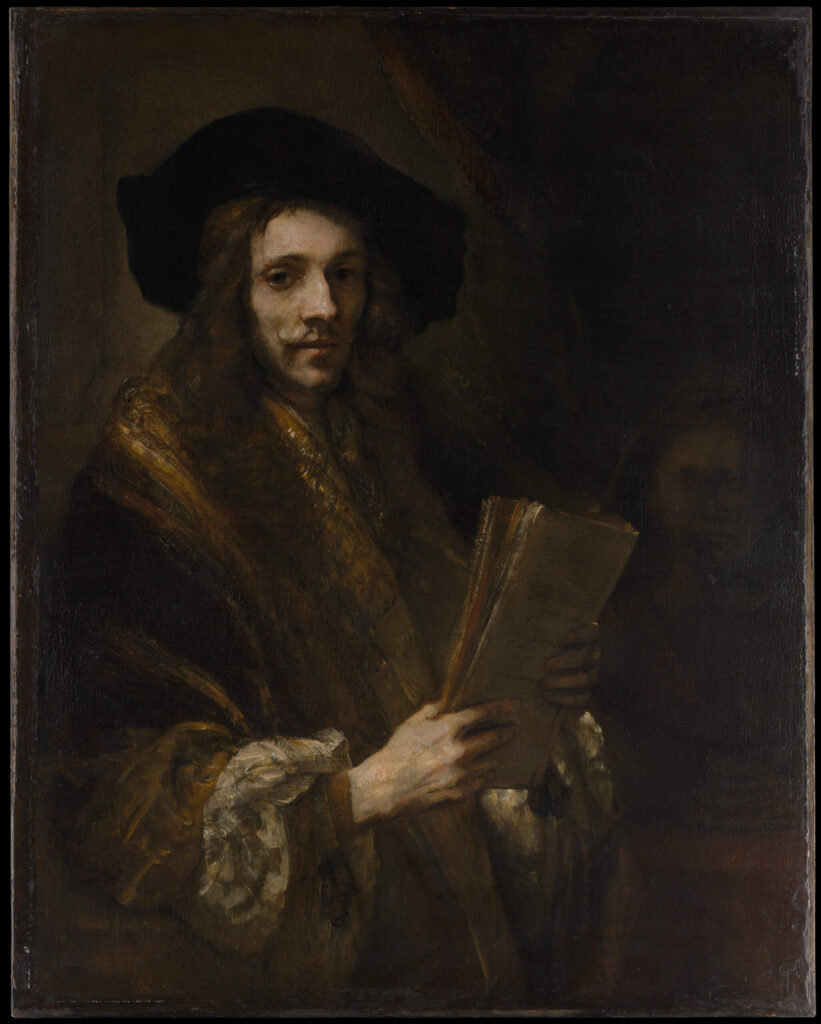 A portrait of a man from the 17th century. He is an auctioneer holding papers, the type of figure you might see running a magic item auction as an alternative to traditional magic item shops.