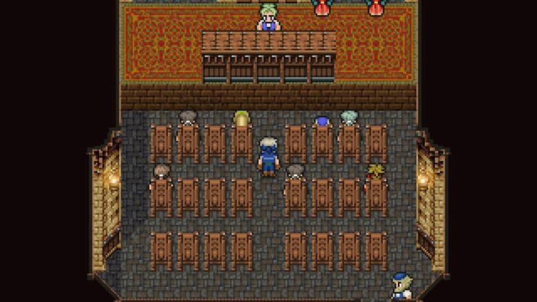 A screenshot from Final Fantasy 6, showing an auction house. Several figures are seated facing an auctioneer. Auction houses are a great alternative to Dungeons and Dragons magic Item shops