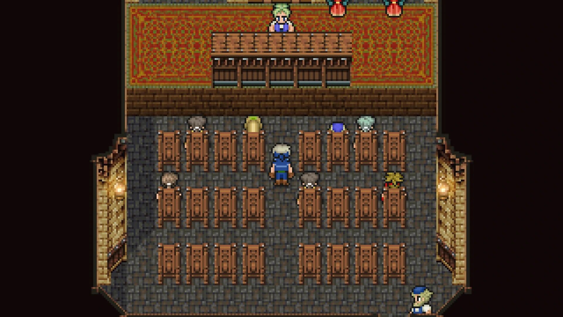 A screenshot from Final Fantasy 6, showing an auction house. Several figures are seated facing an auctioneer. Auction houses are a great alternative to Dungeons and Dragons magic Item shops