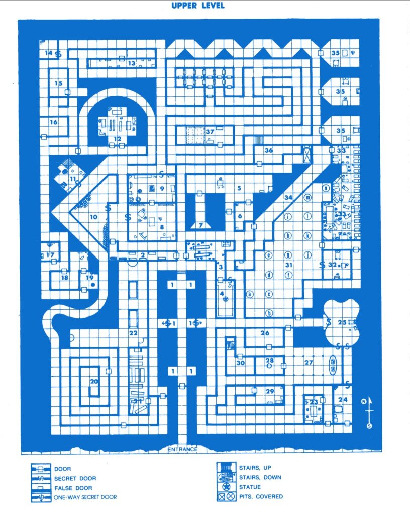A blue and white map of a Dungeons and Dragons dungeon from the module In Search of the Unknown, viewed from above and aligned to a grid.