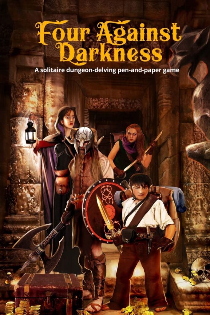 Cover art for Four Against Darkness, a solitaire dungeon-delving pen-and-paper game. The cover art shows four adventurers exploring a fantasy dungeon. Wobblerocket will livestream Four Against Darkness on August 3rd.