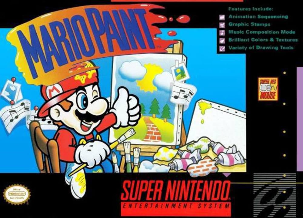 Box art for Mario Paint for the SNES showing Mario painting a scene on a canvas. His hat is splattered with paint. Wobblerocket will livestream Mario Paint on August 24th.