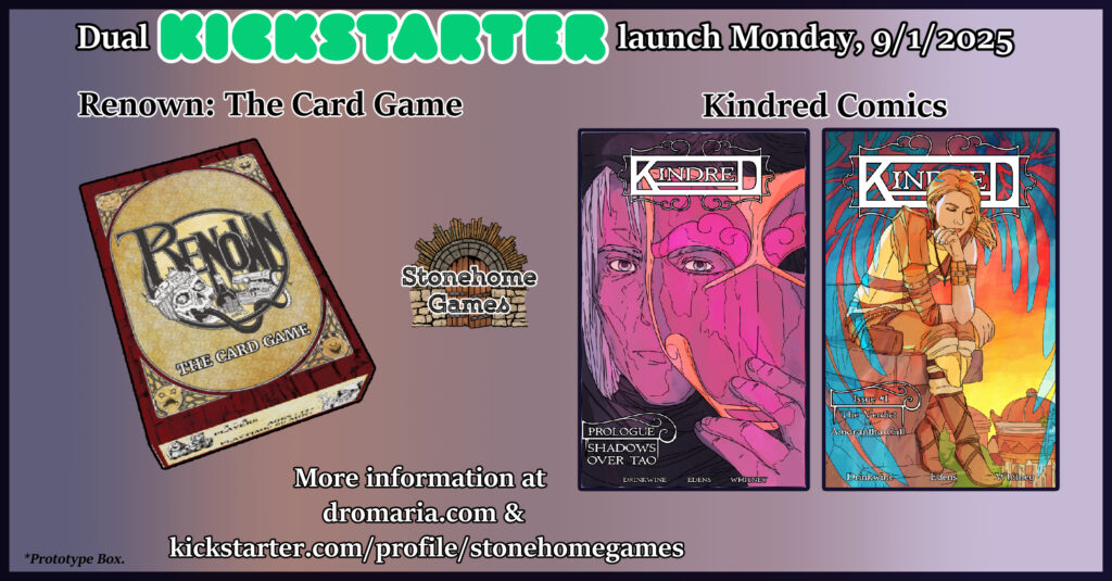 A promo graphic for the Kindred comic and Renown card game from Stonehome Games. The Kickstarters launch on September 1st.