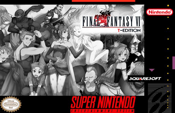 Box art for Final Fantasy VI: T-Edition, a fan-made romhack of the SNES Final Fantasy 6 by Squaresoft. The image is designed like a SNES game box, but has unique art of the cast of the game. Wobblerocket is livestreaming FF6: T-Edition.