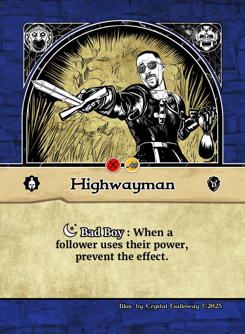 Artwork from the Highwayman card from Renown by Stonehome Games. It shows a rogueish character with sunglasses holding a sword.
