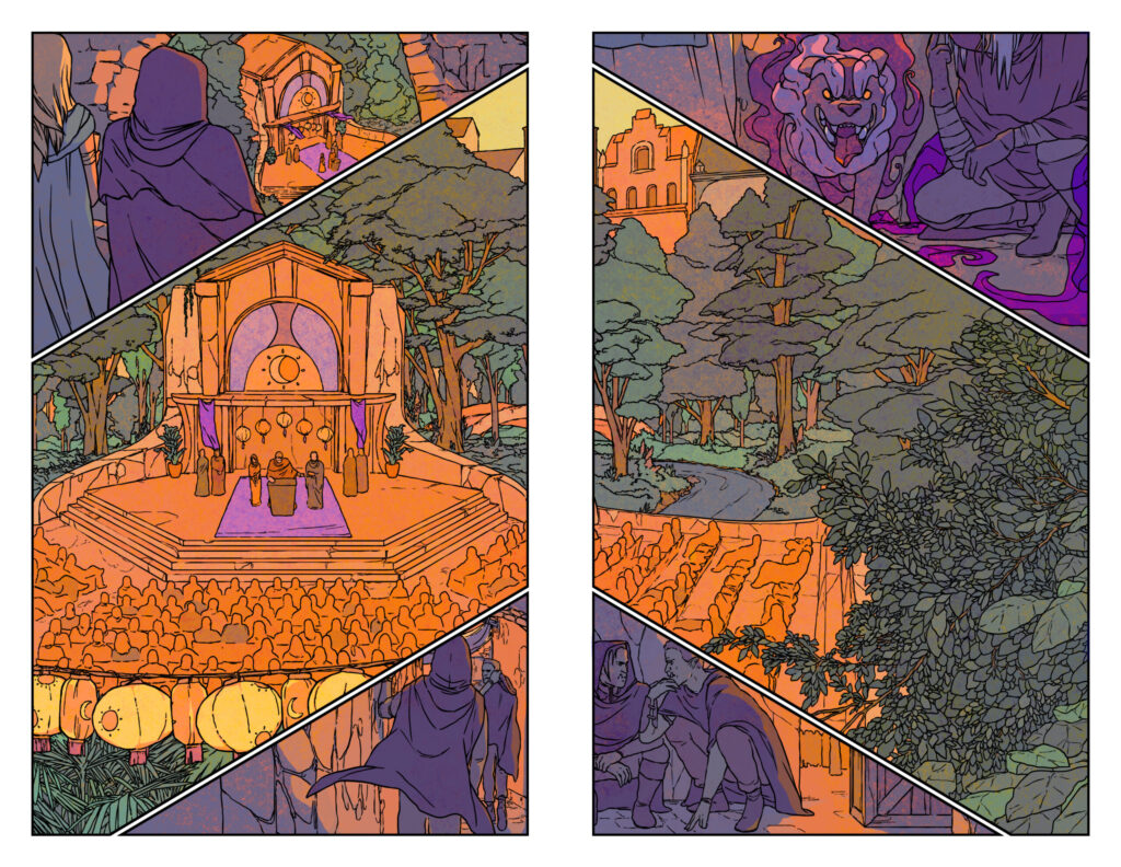 A comic panel from Kindred by Stonehome Games. Two figures overlook an amphitheatre where three figures on stage address a crowd. In the next panel, a figure kneels by a monstrous dog-like being, and then we see the amphetheatre from the side.