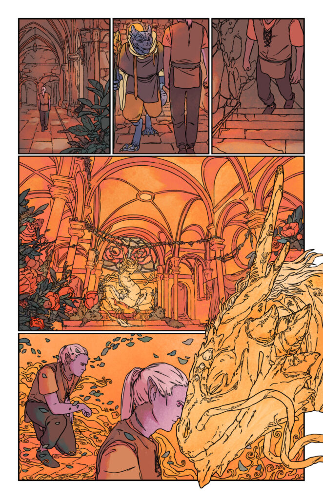A comic panel from Kindred by Stonehome Games. An elf with lilac skin and white hair walks into a temple-like structure and kneels in front of a golden dragon before they press their foreheads together.