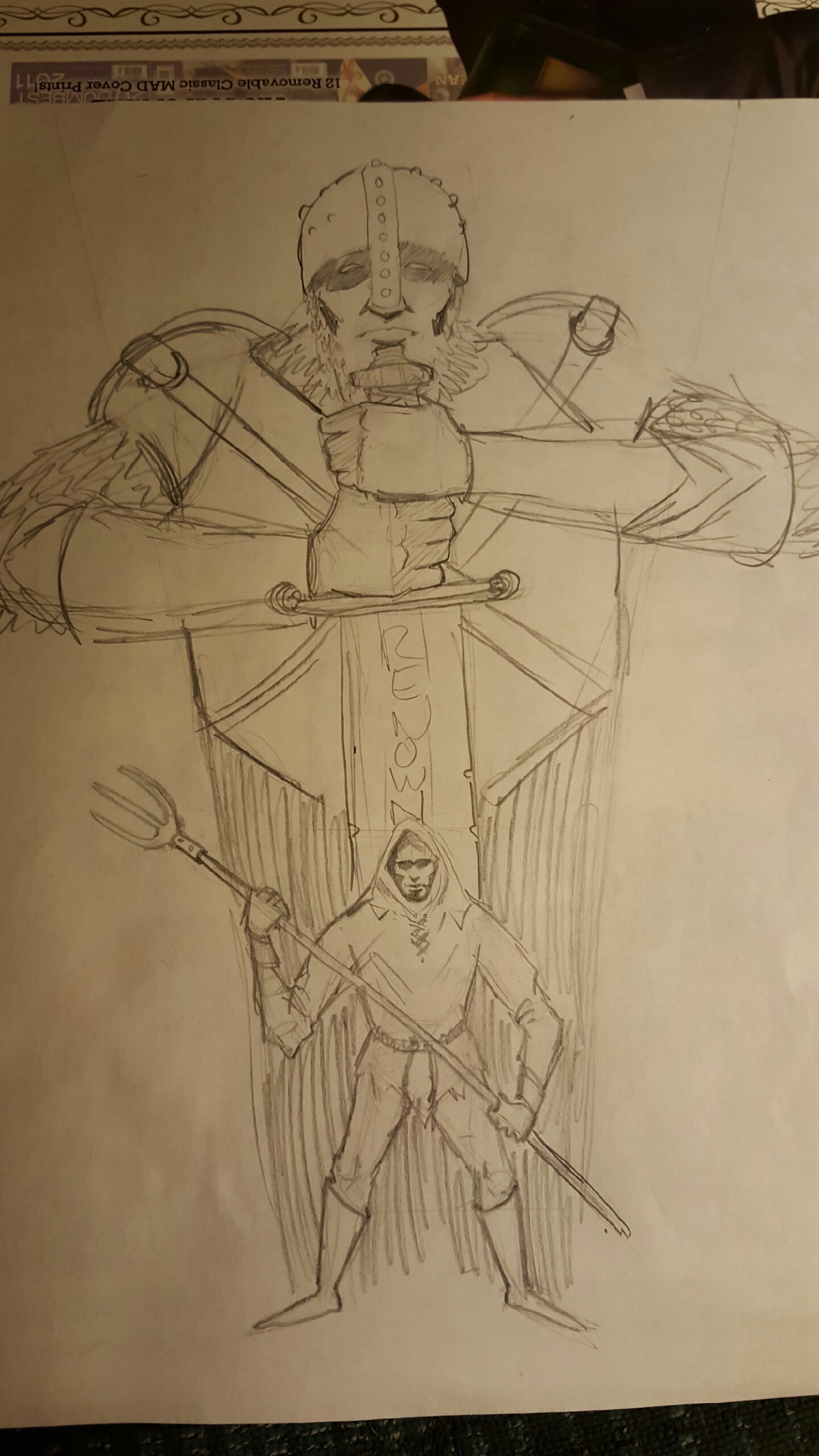 A rough pencil sketch of a man holding a trident of a huge statue holding a sword.
