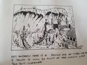 A sketch of a tidal wave smashing a fantasy city. Handwritten text reads "Hey Andrew here is a rough sketch of Tidal Wave. I think I will do most of the inking like this but cleaner." Art by Sean McNiff.