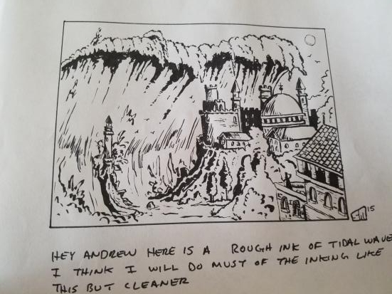 A sketch of a tidal wave smashing a fantasy city. Handwritten text reads "Hey Andrew here is a rough sketch of Tidal Wave. I think I will do most of the inking like this but cleaner." Art by Sean McNiff.
