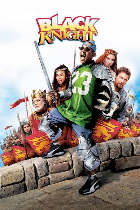 A movie poster for Black Knight, a 2001 buddy comedy film starring Martin Lawrence. Lawrence wears a sports jersey and jeans with sunglasses, medieval armored pauldrons and kneeguards, and holds a sword. The Highwayman card from Renown by Stonehome Games is modeled after the character.