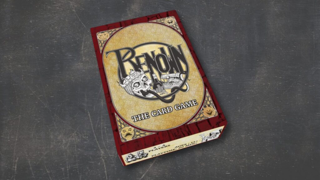 A work in progress box mockup of Renown: the Card Game by Stonehome Games, showing a skull wearing a grown with a snake coming out of its mouth in front of a treasure chest.