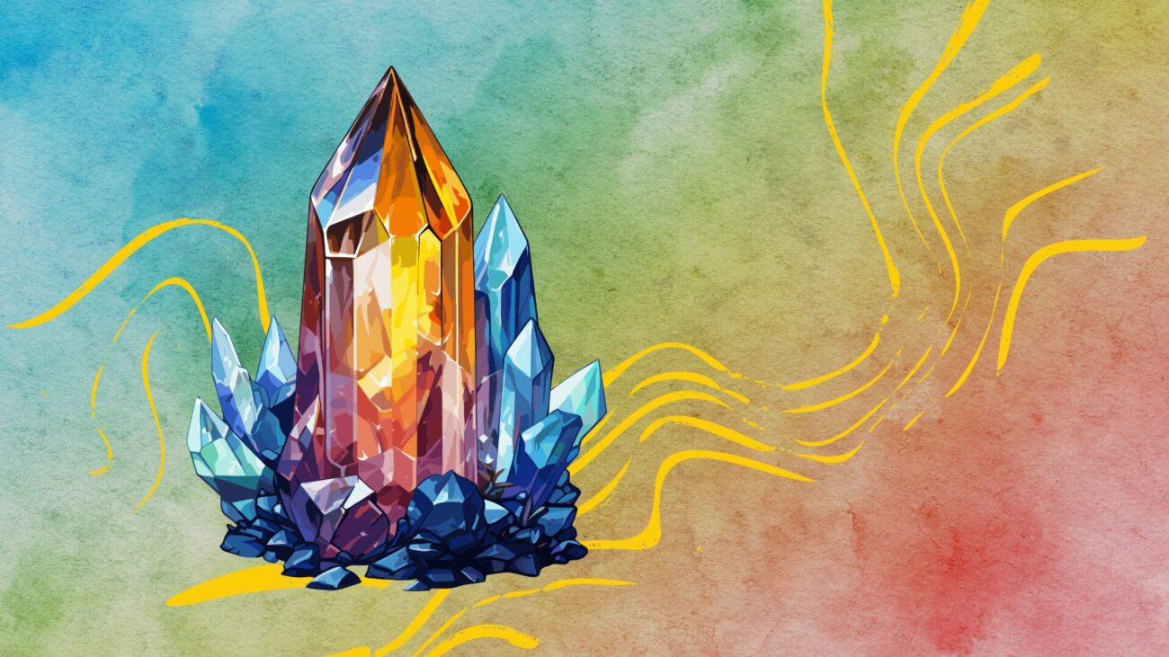 A large colorful crystal on a watercolor background. The image accompanies an article about magic rocks and stones in TTRPGs.