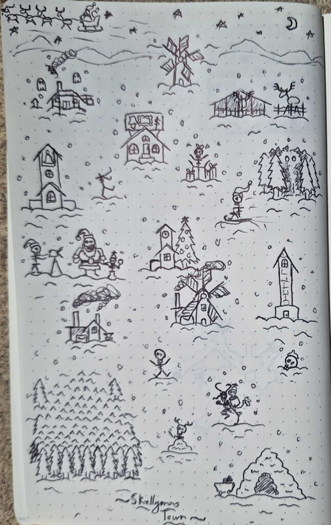 A photo of a dotted paper with a sprawling merry skeletown on it, santa flies overhead, Krampus is off causing trouble, there's a mallskelesanta, a forest, a church, a skeleton's lost its head, all very merry.