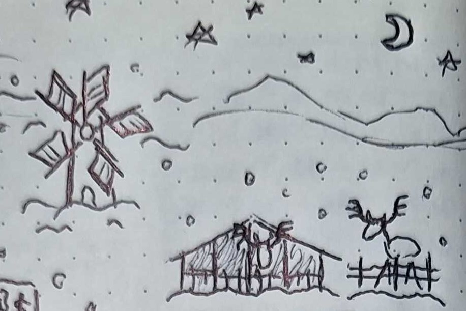 A close-up of a dotted page, with crude drawings in pen drawn on. Including a windmill, a stable with stick-elk, some stars, a moon, and falling snow.