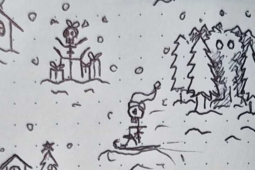 A dotted paper with crude drawings in ballpoint pen, including a skeleton emerging from a present box, and another riding a sled with a Santa hat, all while the yeti watches from between the trees.