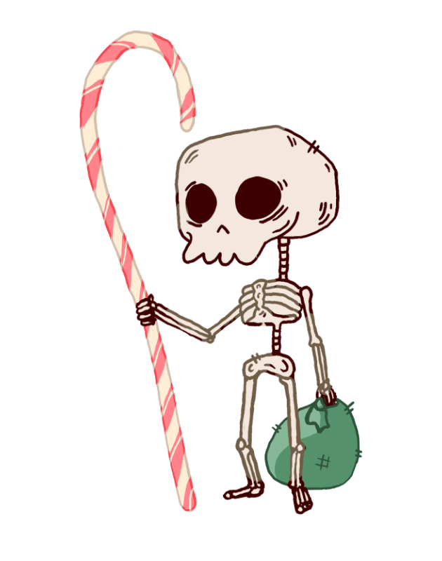 A cute cartoon skeleton holds a green sack and a large red and white candy cane that's taller than he is! (Kind of like a shepherd's cane.)