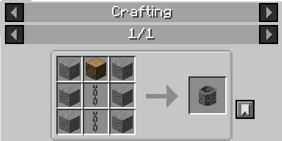 A screenshot from Minecraft showing a recipe for a stone well. On the top row is a block of andesite, an oak log, and another block of andesite. On the middle row is a block of andesite, a chain, and a block of andesite. The bottom row is the same as the middle row.