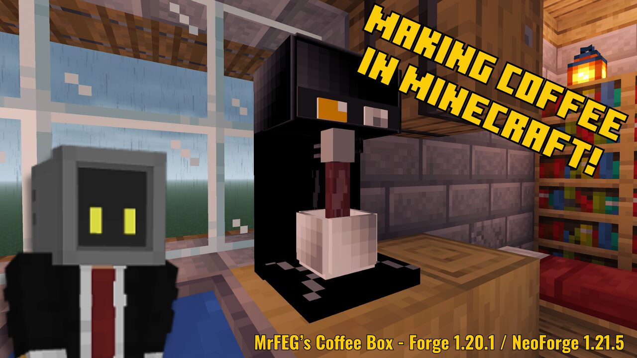 A screenshot from Minecraft showing a coffee pot on a counter. To the left is a player character designed like a robot in a suit. The text reads "Making Coffee In Minecraft!"