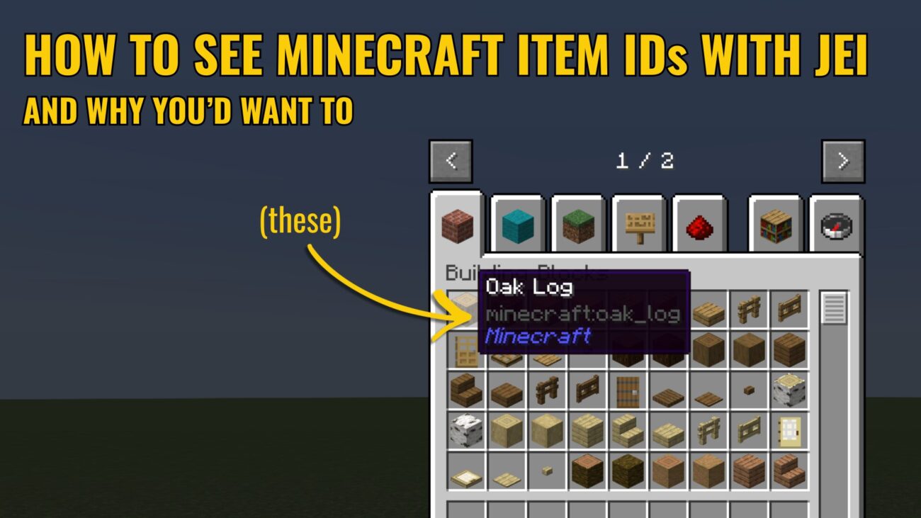 A screenshot from Minecraft, showing a tooltip for an Oak Log. The tooltip has a line saying "minecraft:oak_log." The screenshot has text at the top captioned "How To See Minecraft Item IDs with JEI and why you'd want to." An arrow labeled "these" points to the extra line on the item tooltip.
