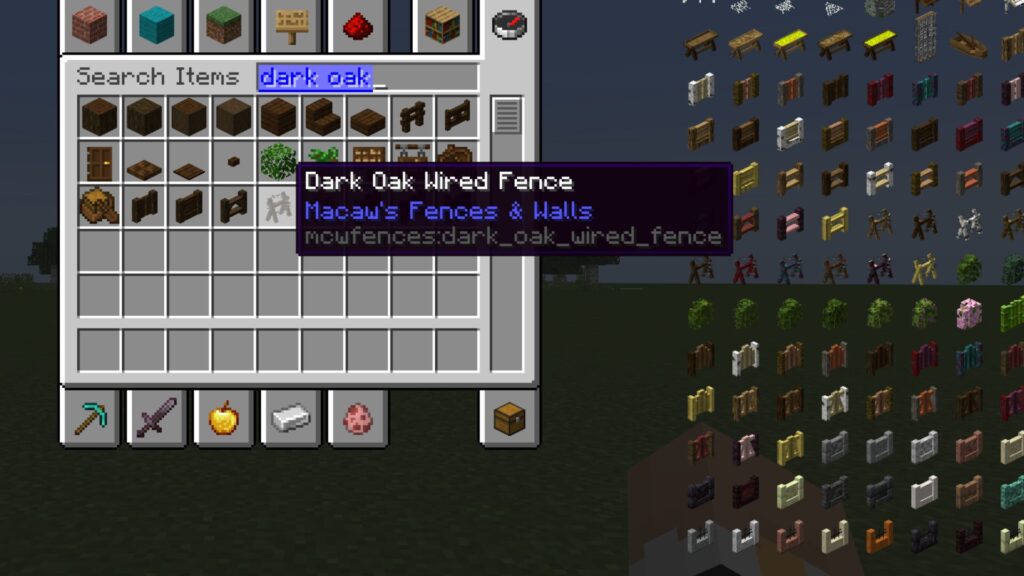A screenshot from Minecraft. An item added by a mod, Dark Oak Wired Fence, is selected, showing a tooltip. The Item ID is mcwfences:dark_oak_wired_fence.